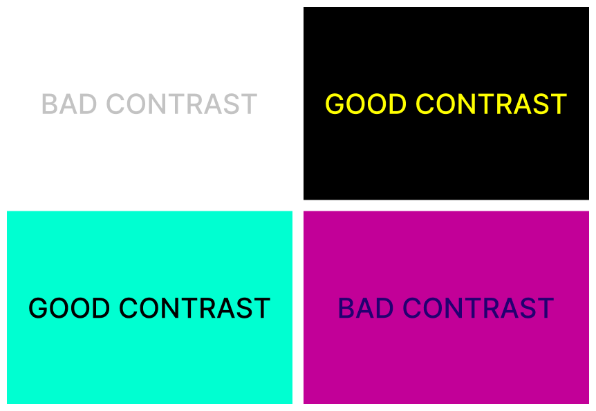 4 boxes with examples of good and bad contrast