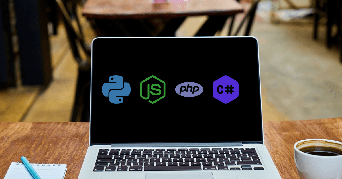 pyton, nodejs, php, c# icons with a laptop in the background